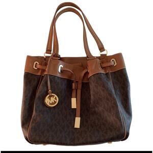 Michael Kors Brown Tan Signature MK Logo Drawstring Lg Shoulder Bucket Bag